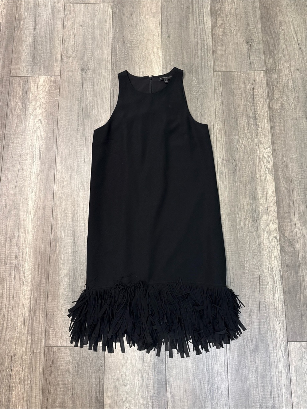 Banana Republic Black Sleeveless Shift Dress with Fringe Trim